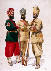 Soldiers of the 43rd Erinpura Regiment, the 44th Merwara Infantry and the 108th Infantry, illustration for 